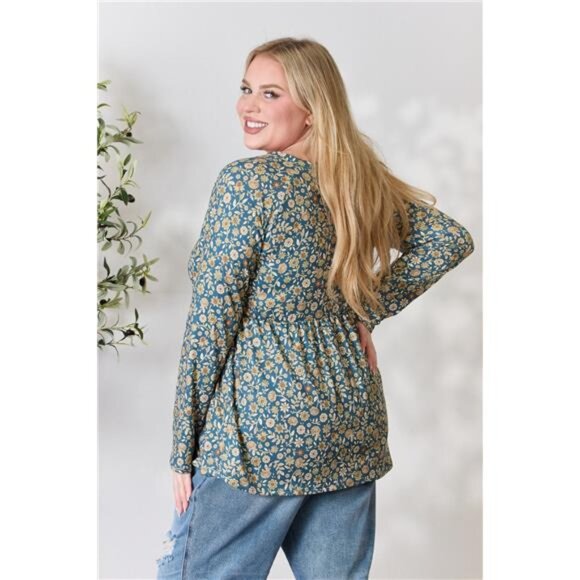 Heimish Full Size Floral Half Button Long Sleeve Blouse - Picture 8 of 10